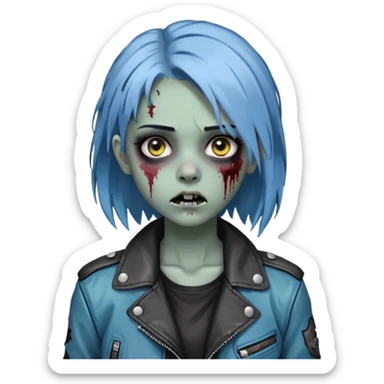 zombie teen girl with ashy blue hair, eye color black, grunge style or leather jacket emoji sticker