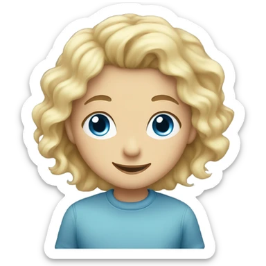 Blond girl Blue eyes and a boy with dark curly hair smiling and looking at her sticker