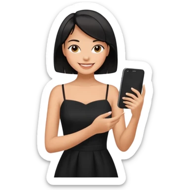 black short shoulder length hair tanned woman, black dress doing girly things sticker