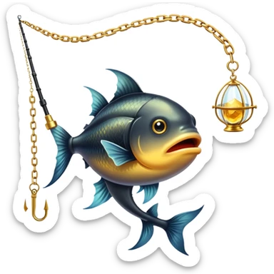 black magical fishing rod with gold chains and gold aura fishing a gold anglerfish sticker