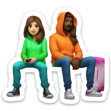 Female girl with long brown hair in neon hoodie .gaming with male guy shaved brown hair and short scruff with neon hoodie . Sitting on a sofa with a TV in a gamer neon room.  sticker