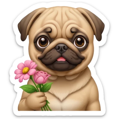 pug dog holding flowers sticker