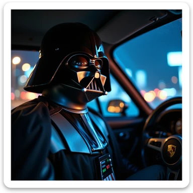 Cinematic shot of a Darth vader sitting in porsche 911, blue and orange lights, full car shot sticker