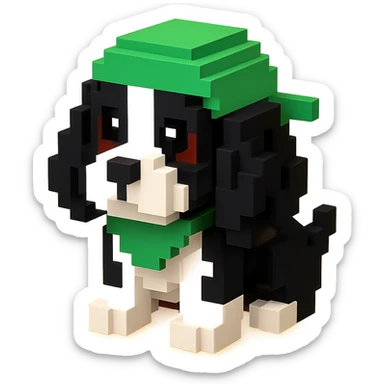 A black and white Russian Cocker Spaniel puppy wearing a green durag, voxel style, sitting sticker