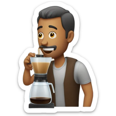 Man drinking directly to the coffee maker sticker