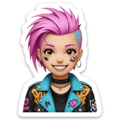 a punk girl with dyed hair and wear a punk graffiti jacket with black choker grin playfully  sticker
