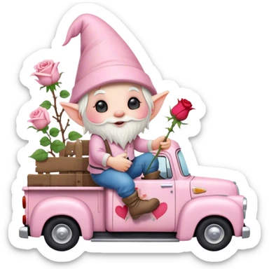 An adorable little pale pink Valentine’s Day style gnome with a rose and hearts in the background riding in the back of a beat up old pick up truck sticker
