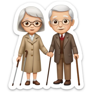a child supporting an elderly person with a cane, warm and respectful sticker