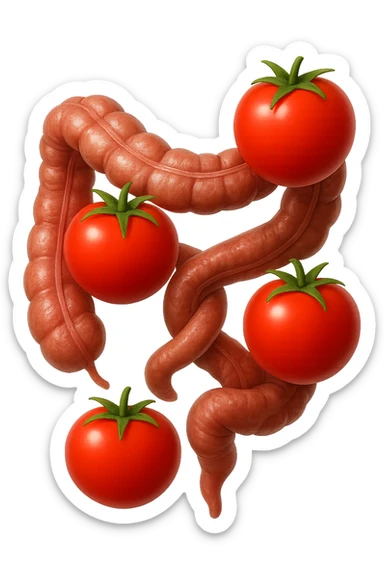 emoji stile iphone di pomodori che fluttuano in aria con colon attorcigliato intorno, iperrealistico 4k, isolato su sfondo bianco sticker