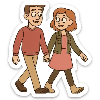 Sticker of Sasha and Yulia, two young lovers, in a flat toon style. They are walking together, holding hands, with a simple and clean design. sticker
