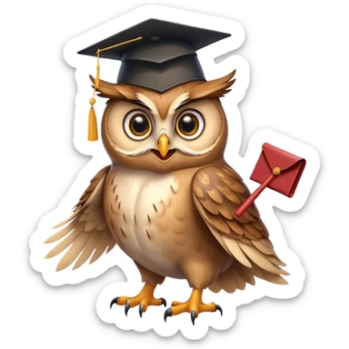 Owl smiling with graduation hat and diploma in claws sticker