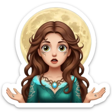 shocked forest mystic woman long wavy brown hair tattoos wide eyes moon glow sticker