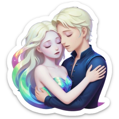 Two lovers surrounded by collapsing magic light, tragic dark fantasy romance sticker