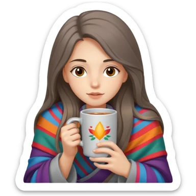 Brown-eyed, fair-skinned girl with long hair down to her shoulders, wrapped in a gray blanket, drinking from a New Year's mug sticker