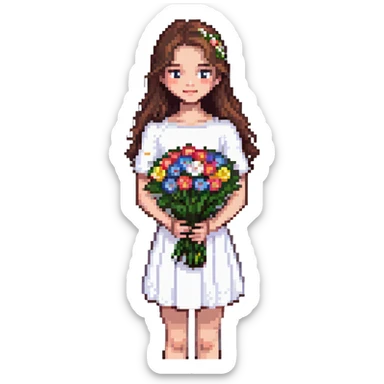 girl with brown hair wearing a white skirt holding a bouquet of flowers sticker