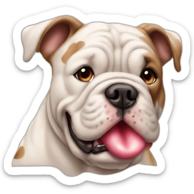 merle beige and white british bulldog with a heart shaped spot on an ear sticker