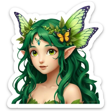 Cinematic Realistic Forest Nymph Fairy Portrait, head tilted playfully and inquisitively, showcasing a nature-inspired form with intricately detailed, sunlit tanned skin and cascading dark green hair interlaced with leaves and blossoms showing her large butterfly wings from her back. Her bright, curious eyes sparkle with forest mischief, rendered with lifelike clarity and warm, dappled lighting that captures the spirit of an enchanting woodland fairy ready to dance among the trees. sticker