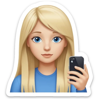young woman with long straight blond hair, side bangs, and blue eyes. She is taking a selfie with her iphone sticker