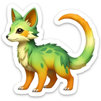 Rare realistic exotic warm-green warm-orange warm-yellows pastel gradients cute epic pretty beautiful handsome gorgeous aesthetic colorful vibrant Vernid-Trico-species-Fakemon-creature by LiLaiRa, 4 legs, 1 tail, random markings, (full body) sticker