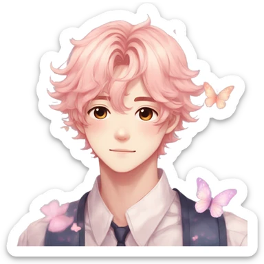 Gorgeous pastel anime style shojo man with blushing face and butterflies aesthetic and pretty hair trending style sticker