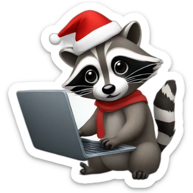 Raccoon working on a laptop with christmas hat sticker