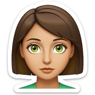 Short brown hair, olive skin, a bit lighter than olive, green eyes, and a woman. sticker