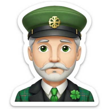 Tall grey haired man with goatee wearing a green peaky hat and kilt st. Patrick’s Day sticker