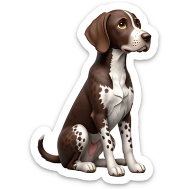 cinematic-[german pointer]-realistic-full-body-sitting-emoji,-tail-resting-loosely-beside-its-paws,-head-tilted-dramatically,-sleek-[brown and white spotted]-fur,-simplified-yet-realistic-focused-features,-highly-detailed,-glowing-with-an-almost-sarcastic-glow sticker