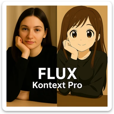same similar image but chnage the text to "Flux Kontext Max", change people and pose too sticker
