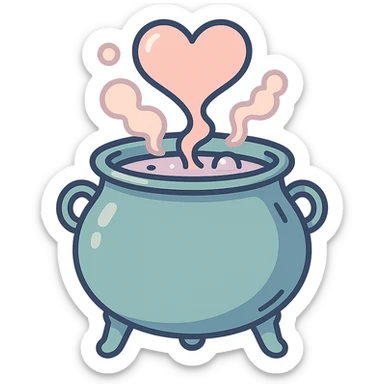 A detailed and volumetric witch's cauldron brewing a potion, with steam transforming into a heart shape. The cauldron has intricate details including handles, legs, and texture, rendered with thin, clean outlines and soft rounded shapes. Use a pastel color palette with #98B5BC, #B5B3C1, #C9A3C9, #E4C0CA, #F7DCD1, #F7C0AA. Style inspired by modern Japanese pop art and sticker aesthetics, featuring soft lighting and a transparent background. sticker