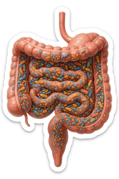 INTESTINO UMANO ANATOMICO CON ALL'INTERNO PIENO DI BATTERI INTESTINALI, IPERREALISTICO 4K sticker