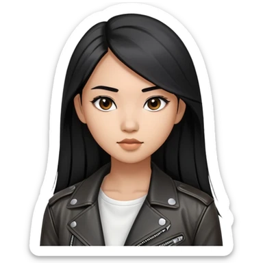 create an emoji of a 22-year-old woman, long straight black hair, black eyes with Asian features, she is brown, wears a black leather jacket with a white blouse underneath sticker