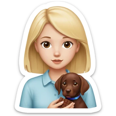 A blonde teen girl holding a chocolate lab sticker