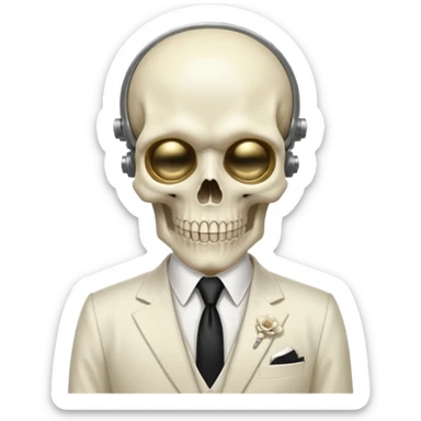 cinematic realistic - a politician in an ivory ethereal suit wears a white tie, has a skull instead of a head, and instead of glasses, has a metal plate with screws over his eyes sticker