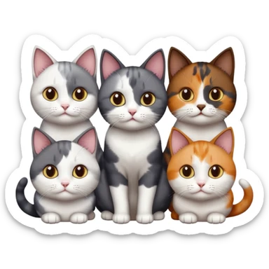 4 different coloured short haired cats including; a dark brown and white cat, and a dark grey and white, and a calico sticker