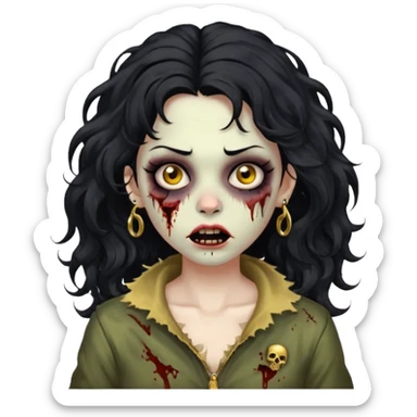 Create a zombie woman with voluminous wavy hair and a gold nose piercing. sticker