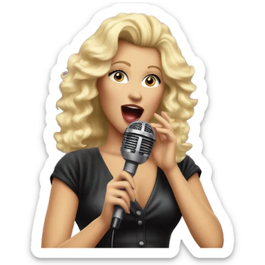 Singer female with blond hair big volume 80's style, singing on the stage with microphone.  Retro rock 80-90's sticker