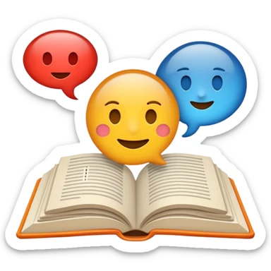 A minimalist emoji-style icon representing wordplay — symbolizing creativity with language. It features an open book or speech bubble merging with playful letters or word fragments, forming a clever visual pun. sticker