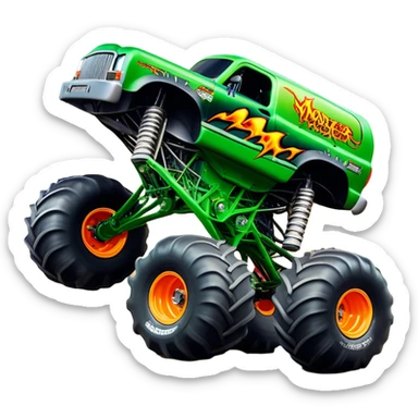Grave Digger - Monster Jam (Model Year: 2022) (Iconic colour: Green with flames) - A legendary monster truck with a fearsome design: predominantly deep green with dynamic, vibrant flame graphics in bright orange and yellow. Highlight its rough, edgy bodywork and an aura of untamed rebellion. sticker
