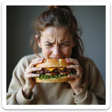 hyperrealistic image of a woman with a nervous and impatient expression trying to eat a huge sandwich, concept of uncontrollable and nervous hunger, white background sticker