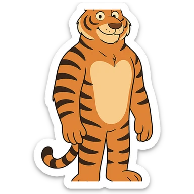 a kind, tall tiger, friendly expression, standing upright, cartoon style sticker