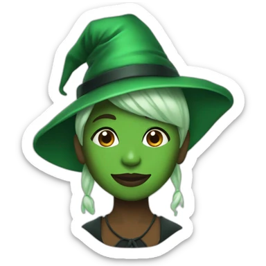 Cynthia Erivo with green skin and a witch hat sticker