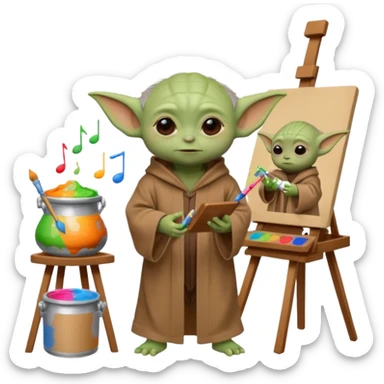 Baby Yoda in his brown robe listening music on his headphones, painting a picture on an easel and surrounded by paint pots. sticker
