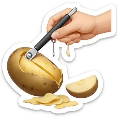 hand peeling a potato with a small kitchen peeler, potato skin curling off, simple white background, realistic textures, clean and bright, fun expressive design



 sticker