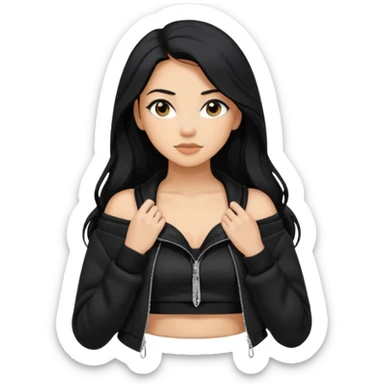 Siyah uzun saçlı siyah ceket  polar ceket ceket gevşek biraz omzundan çıkıyormuş gibi ve bugday ten rengi soltaraftaki omzundan çıkık sadece içinde de siyah crop var crop açık esmer esmer ceketin içinde siyah crop var be cropta omzuna bağlı ceketin sol üstü omzunun istinde sticker