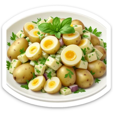 Cinematic Realistic Kartoffelsalat Dish Emoji, showcasing a traditional potato salad with fresh herbs and tangy dressing rendered with lifelike detail and vibrant, natural lighting. sticker