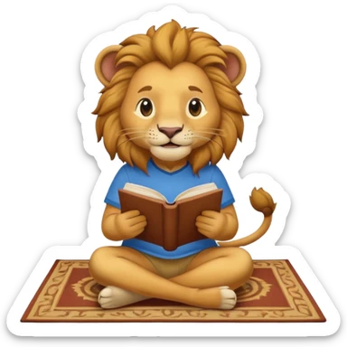 Happy lion reading on a carpet with blue and yellow shirt on sticker