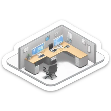 128x128 isometric square solid outline border containing indoor creative start-up office people active working computer simple clean workspace #edc31b sticker