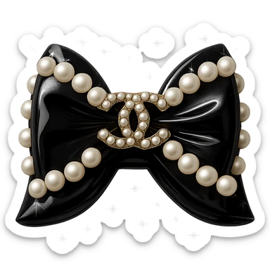 Add sparkling effects to the elegant bow with pearls and gold Chanel logo, glossy, monochrome, realistic style, with a solid white background. The image should have a clean and solid white background to highlight the sparkling and glossy details. sticker