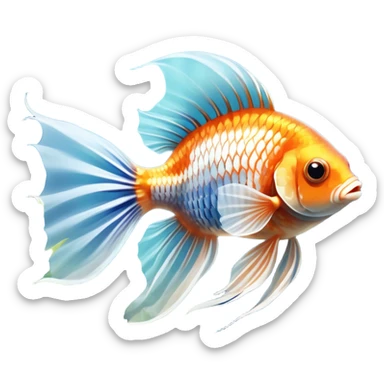 Large aquarium fish like veil tails and lionhead goldfish swimming gracefully in a beautifully decorated aquarium. Colorful aquatic plants, smooth rocks, and gentle bubbles surround the fish. The water shimmers in sunlight, creating a peaceful and vibrant underwater scene. Transparent background. sticker